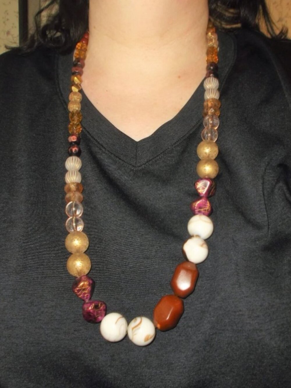 Chunky Long 30" graduated necklace brown and white agate stone, glass, plastic